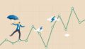 Illustration of a business man on a tightrope made up of graph lines. He is carrying an umbrella, and there are storm clouds ahead