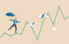 Illustration of a business man on a tightrope made up of graph lines. He is carrying an umbrella, and there are storm clouds ahead