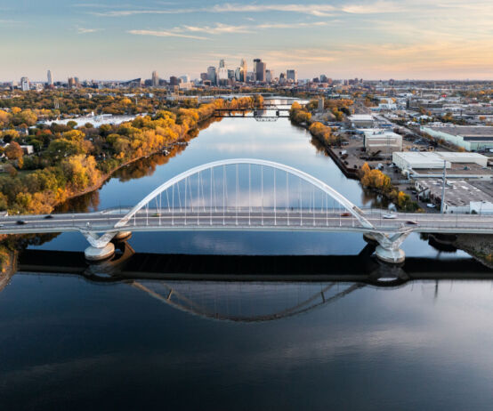 Aerial view of Minneapolis and the Lowry Avenue bridge