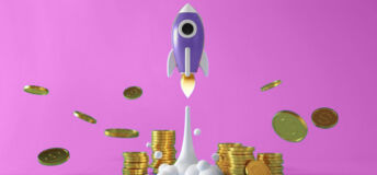 A purple rocket launches with stacks of gold coins around it.