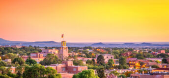 Santa Fe, New Mexico, USA at dusk