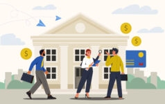 National public building workers concept. Clever officials at government building and employees of bank or Ministry of Finance and Economy. Democratic Community. Cartoon flat vector illustration