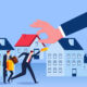 Real estate mortgages, investments, sales and development, home loans, businessmen taking money to buy houses held in large hands