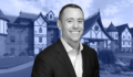 Sean Ribble of Nuveen Green Capital in front of a rendering of Dellshire Resort.