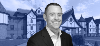 Sean Ribble of Nuveen Green Capital in front of a rendering of Dellshire Resort.