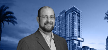 Mike Doty, senior director of originations at Nuveen Green Capital, in front of a rendering of Capella in Las Vegas, Nevada