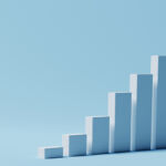 White rising bar chart on blue background with copy space. Business economic and money investment concept. Goal and success theme. 3D illustration rendering graphic design.