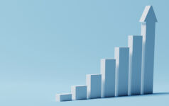 White rising bar chart on blue background with copy space. Business economic and money investment concept. Goal and success theme. 3D illustration rendering graphic design.