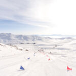 Aerial view of a starting line of Skiing Slalom Competition