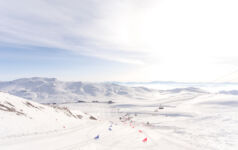 Aerial view of a starting line of Skiing Slalom Competition