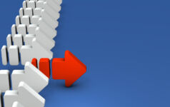 headway comeback, an arrow that advances ahead of others from a horizontal row of white arrows. An abstract concept representing a pioneer. cool blue background. 3D rendering.