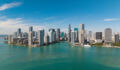 Panoramic modern architecture in Miami downtown, Florida. Miami skyline panoramic view. Aerial view of cityscape with skyscraper in Brickell Key, United States. Downtown Brickell Miami.