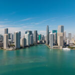 Panoramic modern architecture in Miami downtown, Florida. Miami skyline panoramic view. Aerial view of cityscape with skyscraper in Brickell Key, United States. Downtown Brickell Miami.