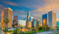 Dusk light with dramatic clouds in downtown Los Angeles and freeway,California