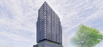 A rendering of 615 River Road in Edgewater, New Jersey. This is the first of three towers, and its construction is being funded by a loan originated by S3 Capital.
