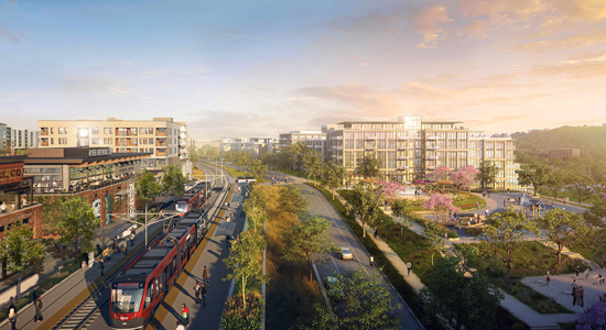 550x300-Riverwalk_SD-Trolley- Hines and Affinius Capital's Riverwalk San Diego project.