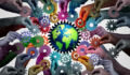 Diverse Global Economy and international community connecting together for the world economy and political stability through globalization supply chain and transatlantic or transpacific trade representing diverse business.