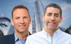 Slate Property Group's Daniel Ridloff and Martin Nussbaum in front of a Miami development rendering.