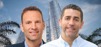 Slate Property Group's Daniel Ridloff and Martin Nussbaum in front of a Miami development rendering.