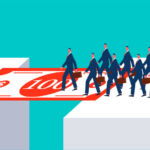 Solving financial or survival problems of employees, financial or economic support and help, banknotes as a bridge between cliffs to help businessmen cross the cliffs