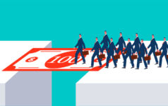 Solving financial or survival problems of employees, financial or economic support and help, banknotes as a bridge between cliffs to help businessmen cross the cliffs