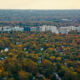 Helicopter shot of Chevy Chase, Maryland, the northwestern suburbs of Washington, DC, on a hazy afternoon in Fall.