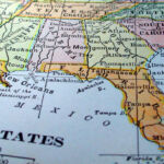 A dictionary map of the Southeast US. The photo was taken out of a one hundred + year old dictionary.