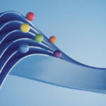 Multi colored balls riding on the blue wavy ribbons on blue background, can be used in balance, career growth, money improvement, variation etc. concepts. (3d render)