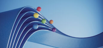 Multi colored balls riding on the blue wavy ribbons on blue background, can be used in balance, career growth, money improvement, variation etc. concepts. (3d render)