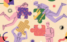 Canyon Partners: Bridging the recovery through short-term lending Photo of people in a group flying in an abstract space, holding big connecting puzzle pieces.