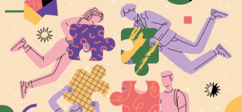 Photo of people in a group flying in an abstract space, holding big connecting puzzle pieces.