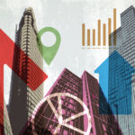 Posterised/pop-art graphic of modern skyscrapers and properties.