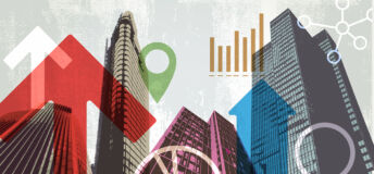 Posterised/pop-art graphic of modern skyscrapers and properties.