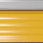 Front View Of Self Storage Units With Roller Doors. Empty Open Unit With Yellow Door.