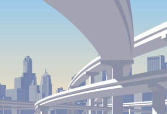 Photo of a highway overpass with a city skyline in the back.