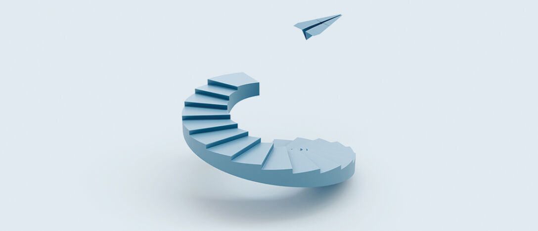 Paper plane launching upward from spiral stairs, concept of creativity, ambition, innovation, progress, freedom and new beginnings (3D render).