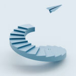 Paper plane launching upward from spiral stairs, concept of creativity, ambition, innovation, progress, freedom and new beginnings (3D render).