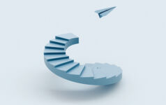 Private real estate lenders share cautious optimism ahead of new cycle Paper plane launching upward from spiral stairs, concept of creativity, ambition, innovation, progress, freedom and new beginnings (3D render).