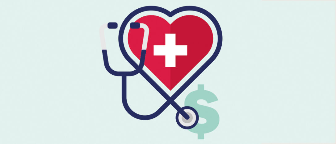 Photo of a red heart with a white cross in the middle of it, overlapped by a stethoscope, which also over laps a dollar symbol in the background.