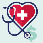 Photo of a red heart with a white cross in the middle of it, overlapped by a stethoscope, which also over laps a dollar symbol in the background.