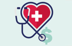 Photo of a red heart with a white cross in the middle of it, overlapped by a stethoscope, which also over laps a dollar symbol in the background.