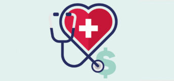 Photo of a red heart with a white cross in the middle of it, overlapped by a stethoscope, which also over laps a dollar symbol in the background.