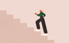 Private real estate lenders are making big steps into mid-market lending Illustration of a businesswoman climbing a set of stairs