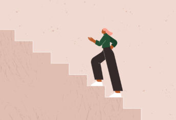 Illustration of a businesswoman climbing a set of stairs