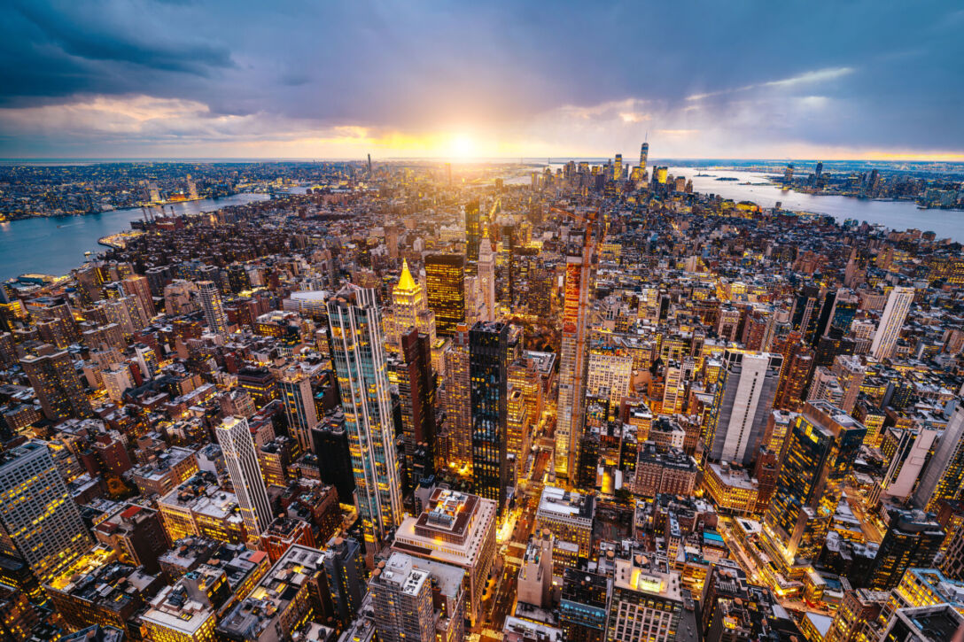 New York City Sunset Skyline Aerial photo of New York City at sunset.