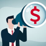Graphic of a person looking for an investment opportunity, money visionary, searching for yield, dividend or profit in stock market concept, wealthy businessman investor look through binoculars to see money dollar sign.