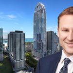 Jeff Klar, vice-president at Bayview PACE in front of a rendering of Okan Group's Okan tower in downtown Miami.