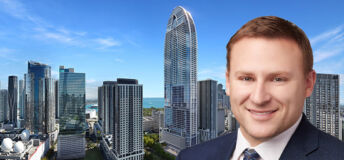 Jeff Klar, vice-president at Bayview PACE in front of a rendering of Okan Group's Okan tower in downtown Miami.