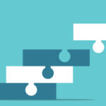 Graphic of a hand placing a puzzle piece into one piece that is connected to another piece, connecting to another.