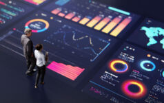 Abstract people standing on a large digital screen, analysing interactive data visualisations and charts for strategic planning. Representing teamwork, technology, and data-driven decision making in a corporate environment.